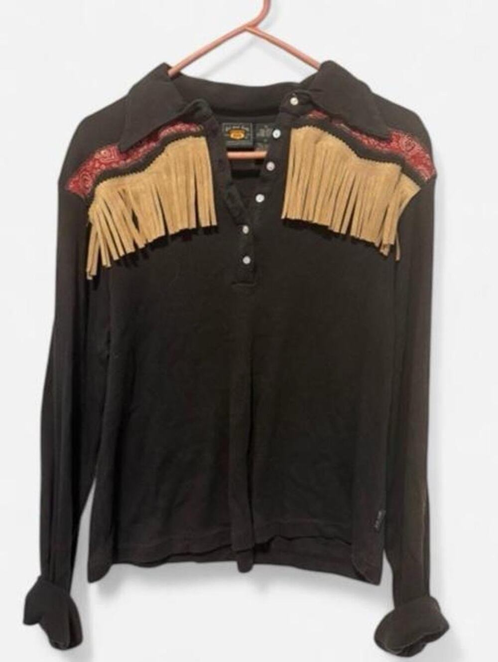 Route 66 Women’s XL Black Western Fringe Bandana Print Long Sleeve Top